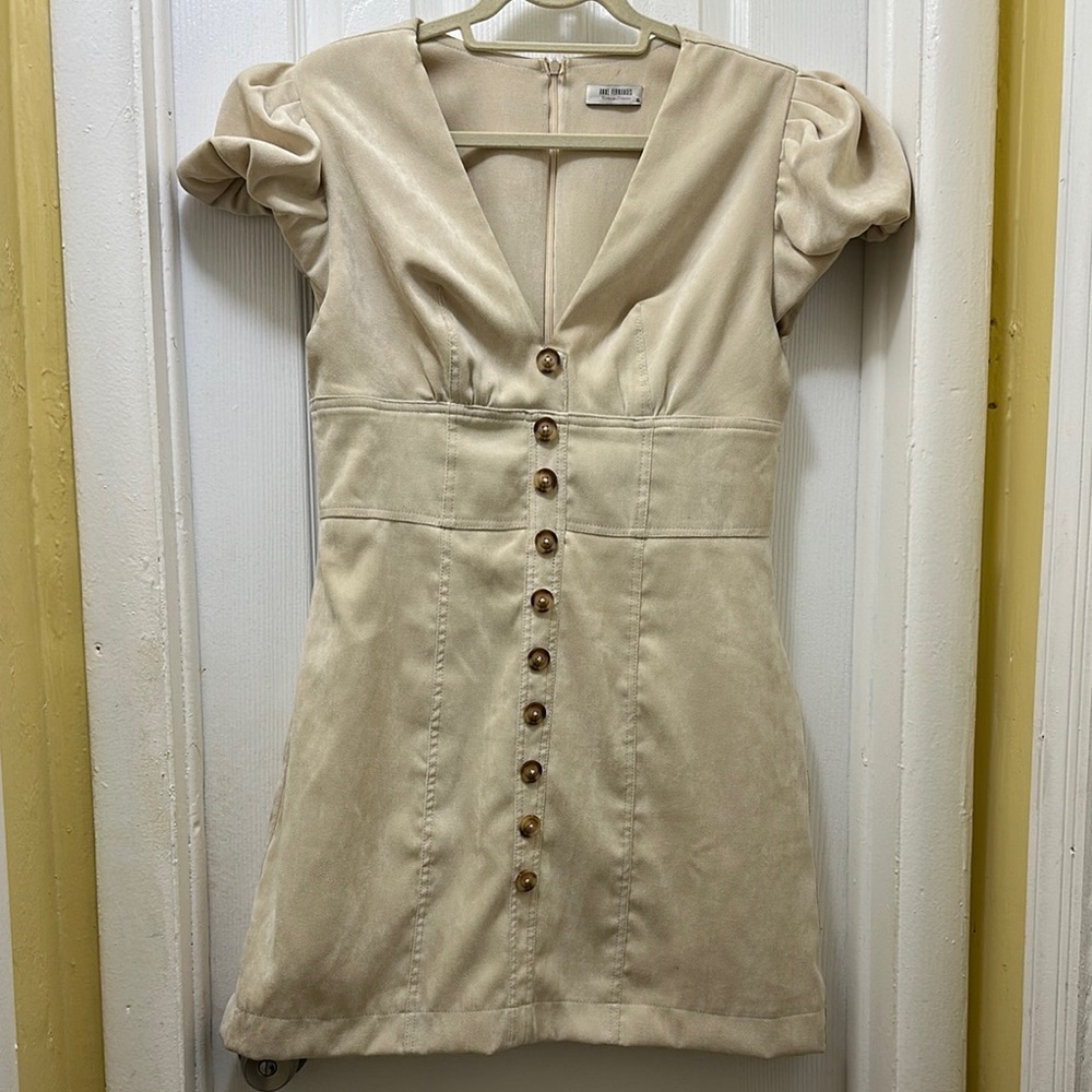 Anne Fernandez Cream Puff Sleeve V-Neck Sheath Mini Dress